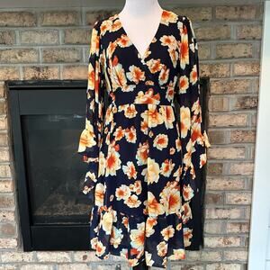 Betsey Johnson Navy - Peach Floral Boho Bell Sleeve Dress Size 2
